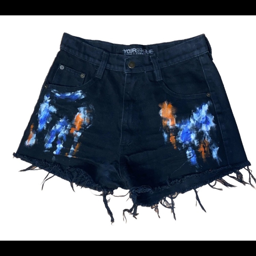 YOUR EYES LIE painted black denim frayed hem high rise shorts Medium